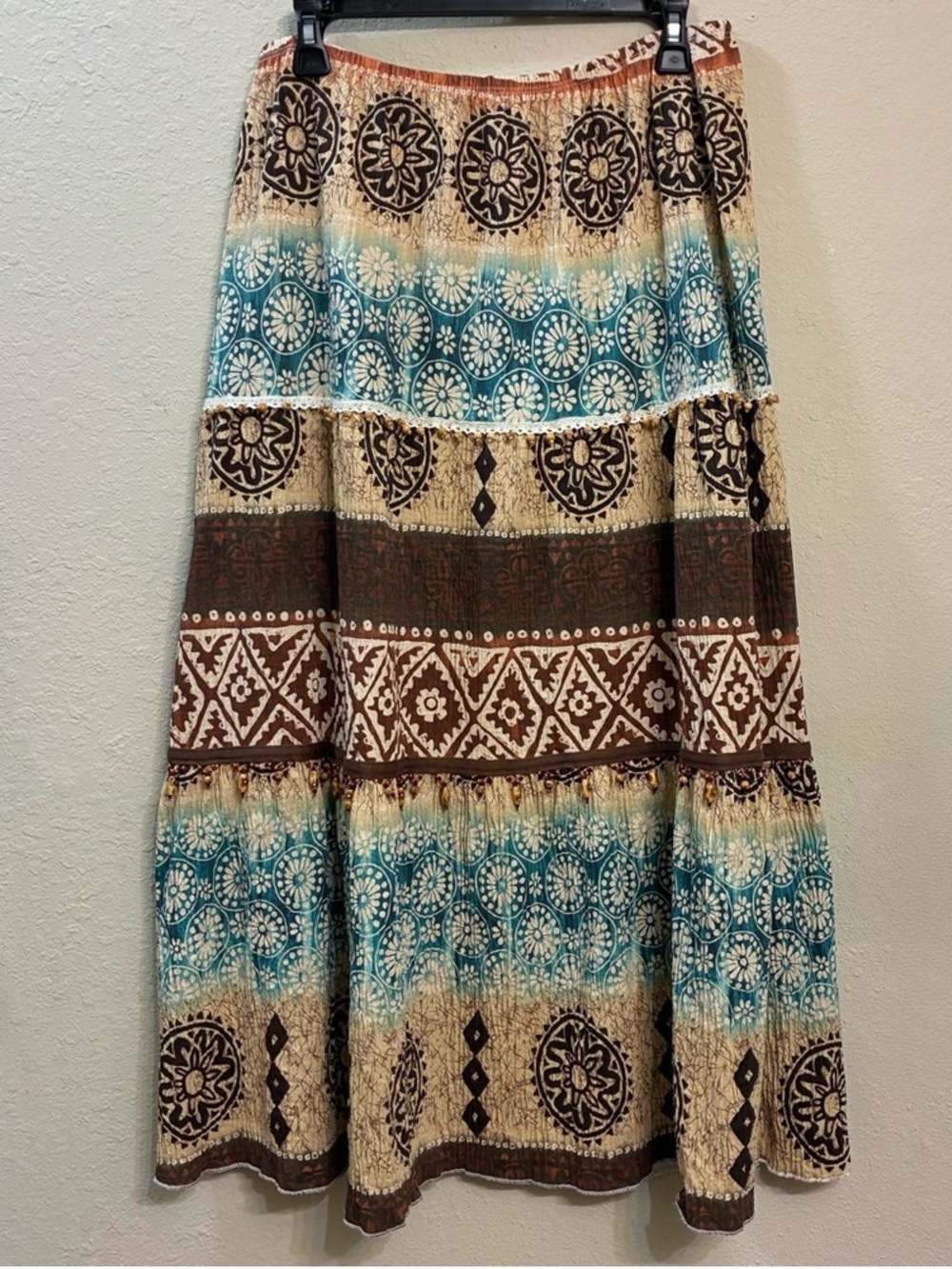 Bohemian Tiered Maxi Skirt in Teal and Brown